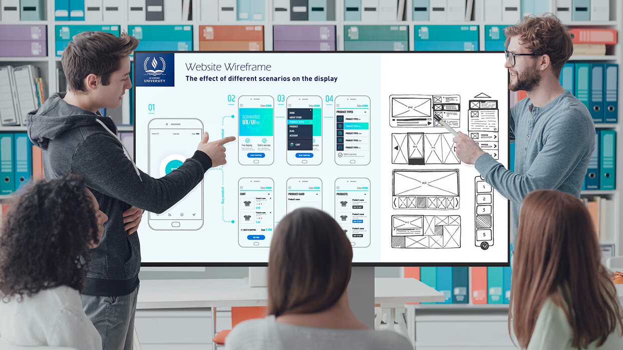 Fünf Personen sind in einem Teammeeting, das SONY BRAVIA BZ340H
